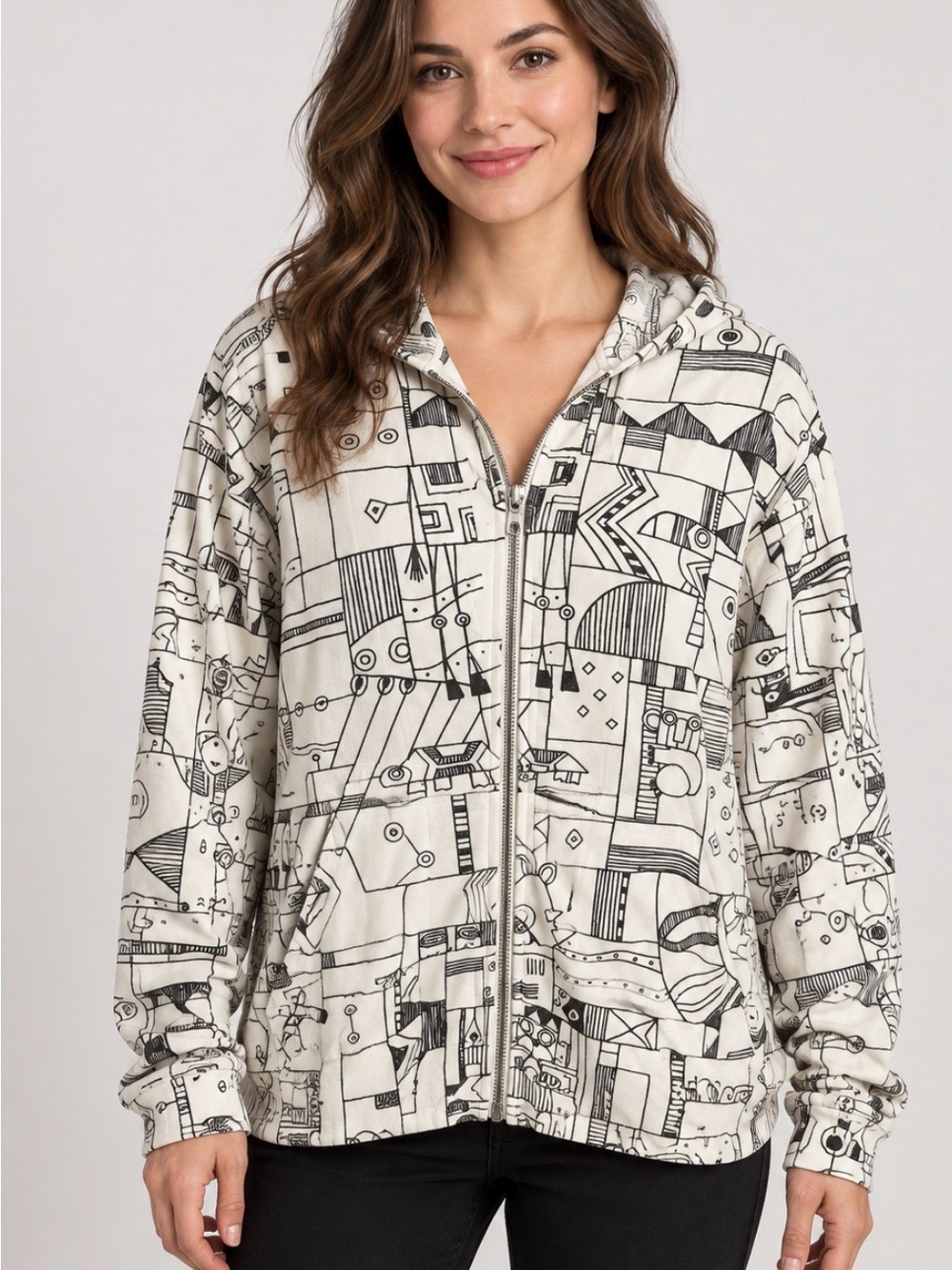 Chico's Cream Zip Hoodie with Black Graphic Print
